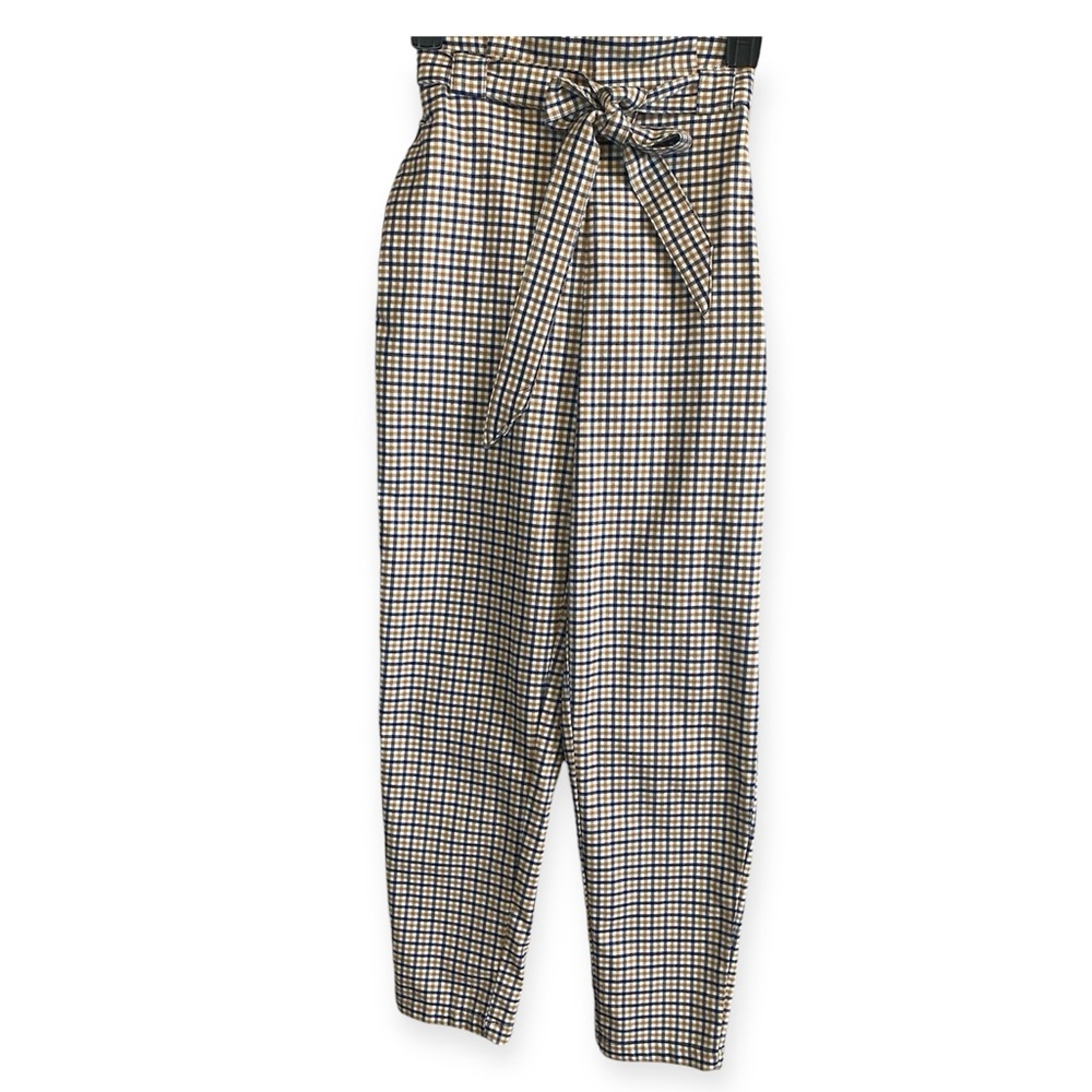 H&M Divided High Rise Plaid Checkered Belted Paper Bag Cropped Pants